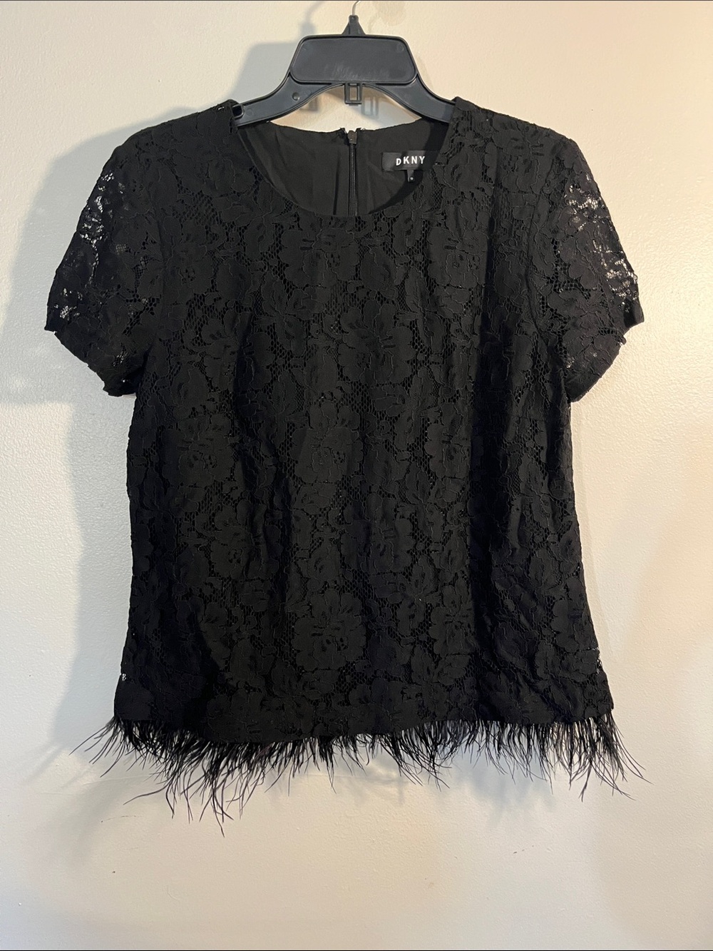 DKNY Black Lace Short Sleeve Top with Feather Trim